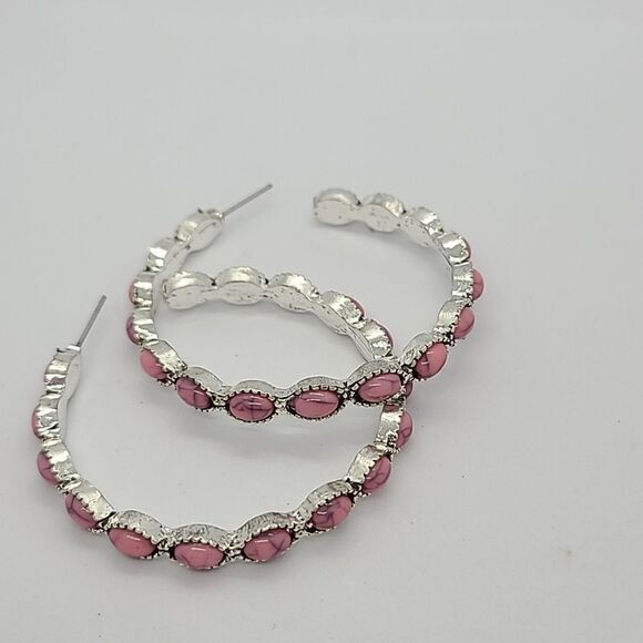 Pink Beaded Bohemian Silver Hoop Earrings Boho Native Western Tribal Jewelry - Picture 8 of 9